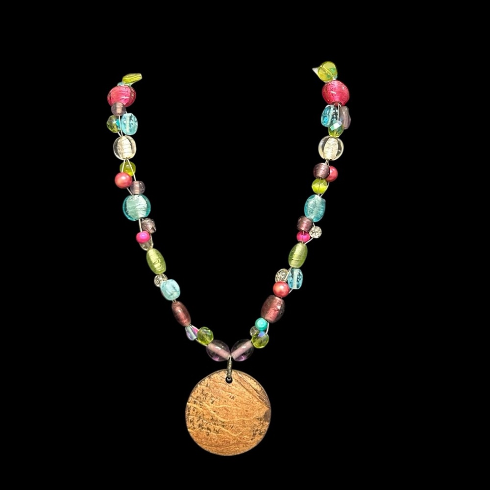 Hand Crafted Glass Bead Wood Disc Necklace